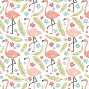 Happy pink flamingos vintage style, with palm leaves & soft red & aqua blue flowers