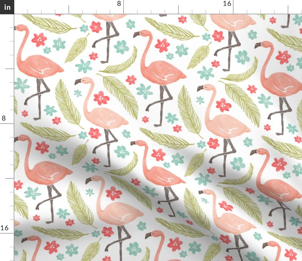 Happy pink flamingos vintage style, with palm leaves & soft red & aqua blue flowers