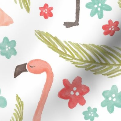 Happy pink flamingos vintage style, with palm leaves & soft red & aqua blue flowers- large