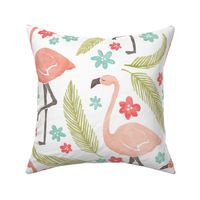 Happy pink flamingos vintage style, with palm leaves & soft red & aqua blue flowers- large