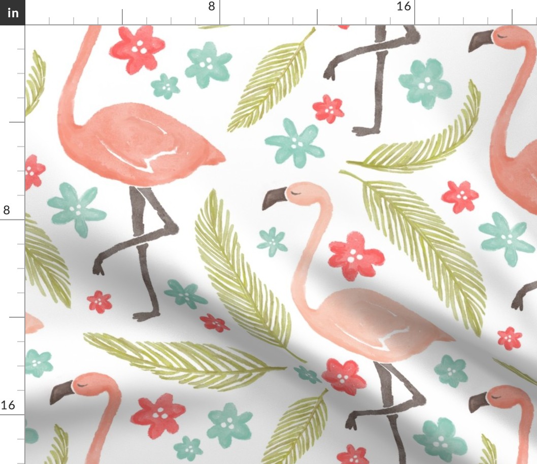 Happy pink flamingos vintage style, with palm leaves & soft red & aqua blue flowers- large