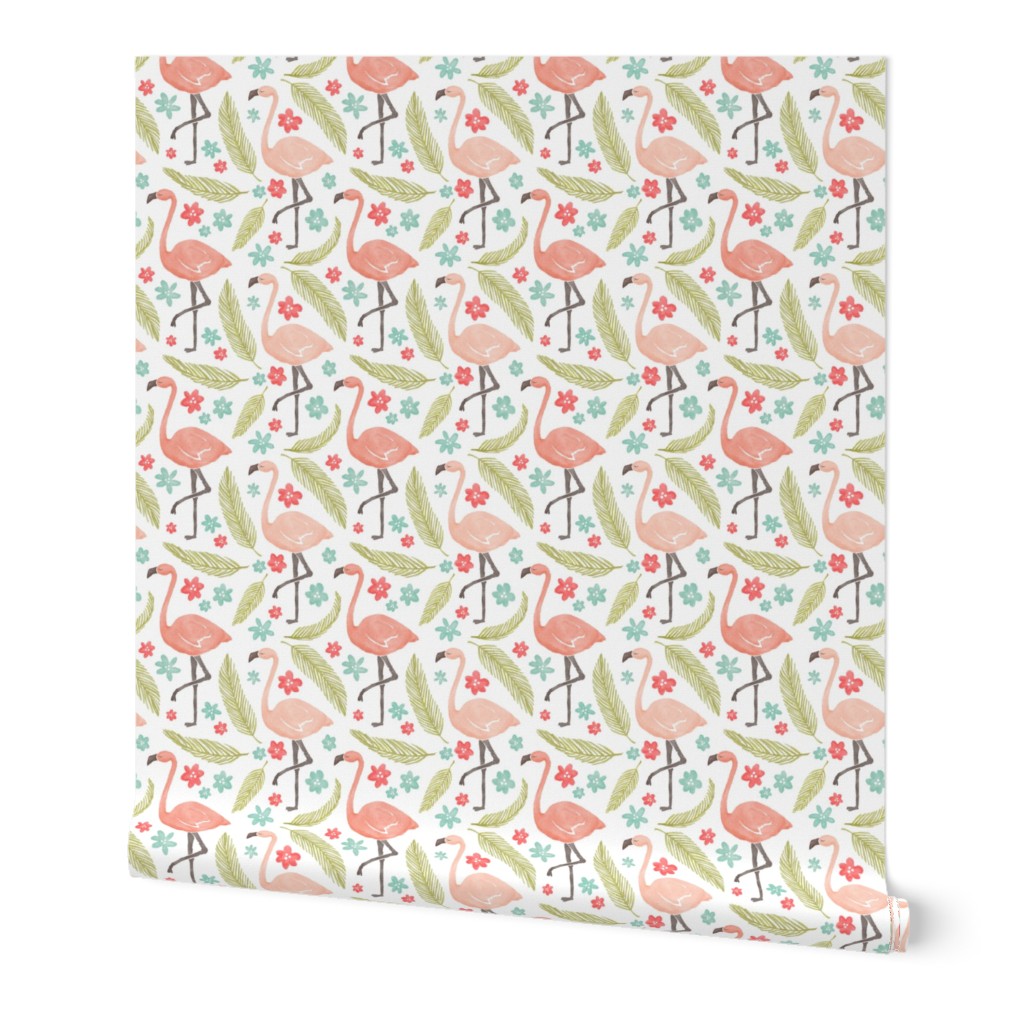 Happy pink flamingos vintage style, with palm leaves & soft red & aqua blue flowers - small