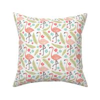 Happy pink flamingos vintage style, with palm leaves & soft red & aqua blue flowers - small