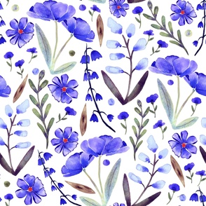 Blue floral watercolor surface design pattern in blue and purple