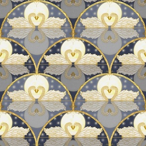 (M) Swan Love in the Moonlight // Ivory and Gold on Navy