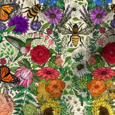 Botanical Blooms, Birds, Butterflies, Bees and Beetles (Cream)  