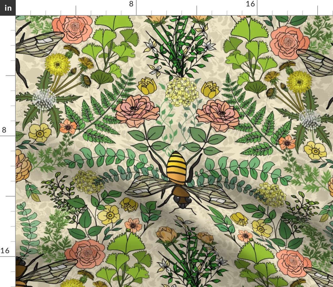 Honey Bees, Flowers and Trees (Cream large scale) 