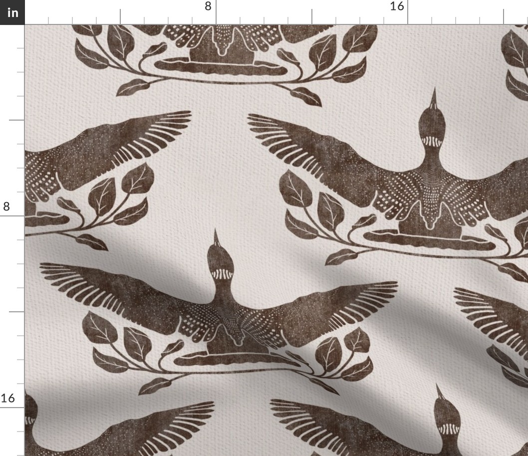 Flying Loon with Foliage Block Print - Rustic Brown - Large