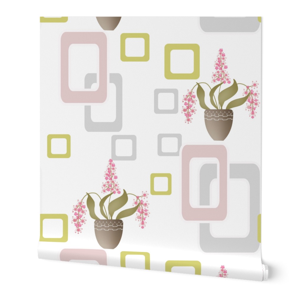 Retro pattern of indoor flowers in flowerpots on the wall