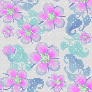pink flowers blue leaves on a gray background with small polka dots