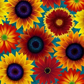 Sun-Daisy Best Sunflower and Daisy Pattern with Teal Background