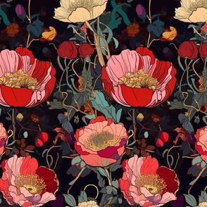 Red Peach Patterned Poppies