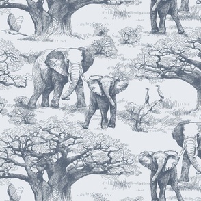 Elephants and Baobab Toile - silver