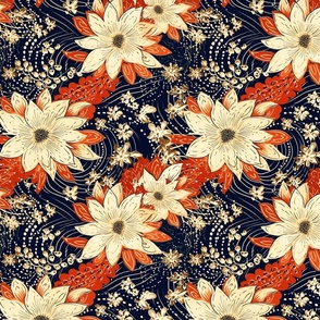 Navy and Coral Blooms Seamless Pattern