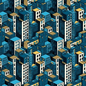 Urban Jungle Isometric Cityscape Seamless Pattern