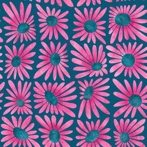 Retro floral pink daisy block print (Blue)