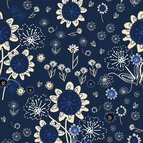 Dancing Flowers - Luxe Blue And Cream Floral Fiesta - Large Scale.