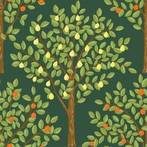 Lemon and oranges citrus grove pattern fabric and wallpaper in orange, yellow, green, brown on dark forest biome green