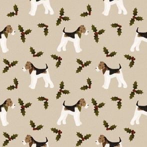 Wire haired fox terrier dog Christmas holly snow