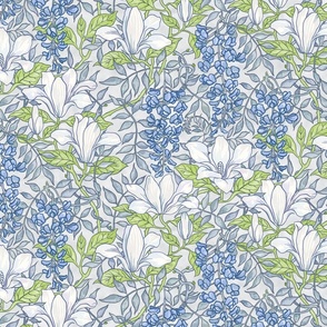 Magnolia & Wisteria Vines in apple green slate sky blue white