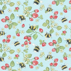 Bees & Strawberries, blue. Meant To Bee