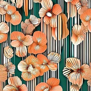 peach flowers and green and white stripes