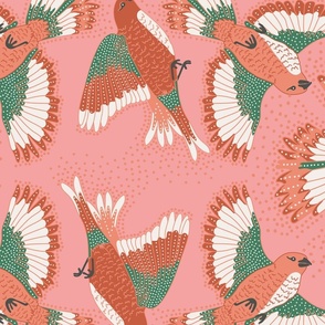 (L) Bohemian Flying birds Coral Pink/ Green
