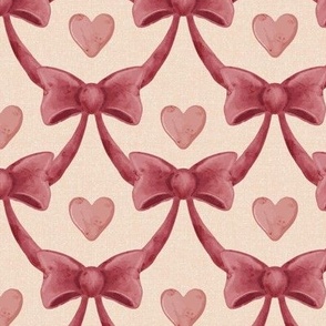 Grandmillennial Bow Scallop with Hearts on Linen - Pink Red Watercolor
