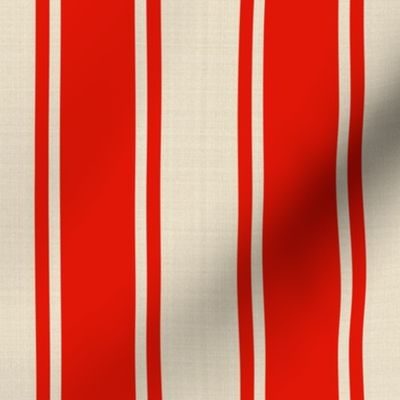 Large scale wide modern vertical ticking stripe in red and Pantone Pristine.