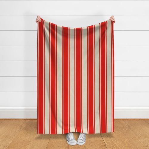 Jumbo scale wide modern vertical ticking stripe in red and Pantone Pristine.