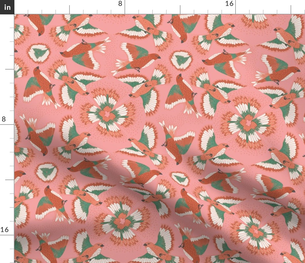 (S) Bohemian Flying birds Coral Pink/ Green