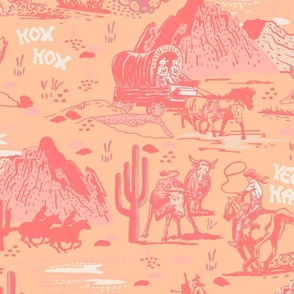 Wild West Scene with Cowboys/ Horses - Peach Fuzz/ Hot Pink