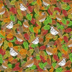 Birds and autumn leaves in fall colors  for quilting fabric or other sewing projects.