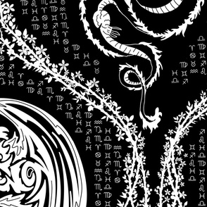 year of the dragon damask medallions white on black - large scale