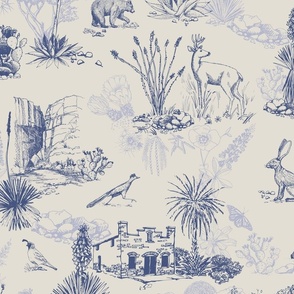 Texas Toile, Y'all! Big Bend National Park, JUMBO Scale, Denim HALF DROP repeat. Please see description for wallpaper