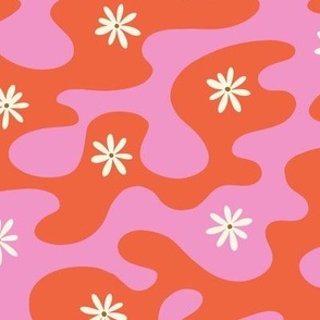 Daisies in groovy waves - bright red and pink - Large scale