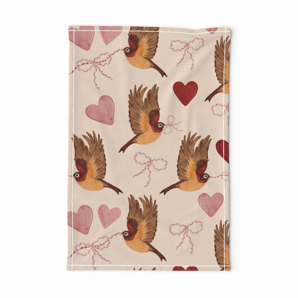 Robins with Bows and Hearts on Linen // Jumbo