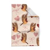 Robins with Bows and Hearts on Linen // Jumbo