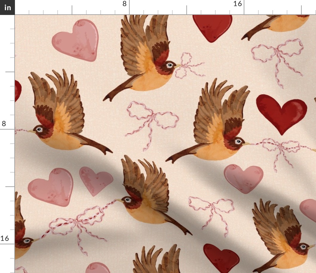 Robins with Bows and Hearts on Linen // Jumbo