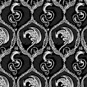 year of the dragon damask medallions white on black - small scale