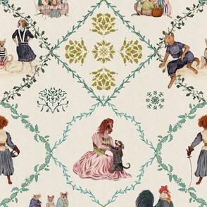Animals in Victorian clothes on a cream linen background
