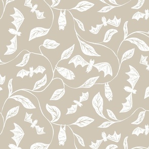   Bat Forest - cute bats among leaves - textured white on solid beige - medium