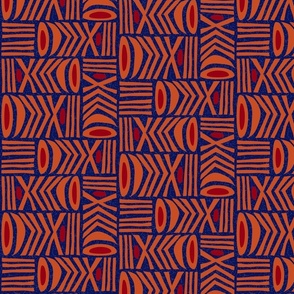 (M) Graphic Modern Tribal Folk Art Boho Geometric Blue, Orange and Red