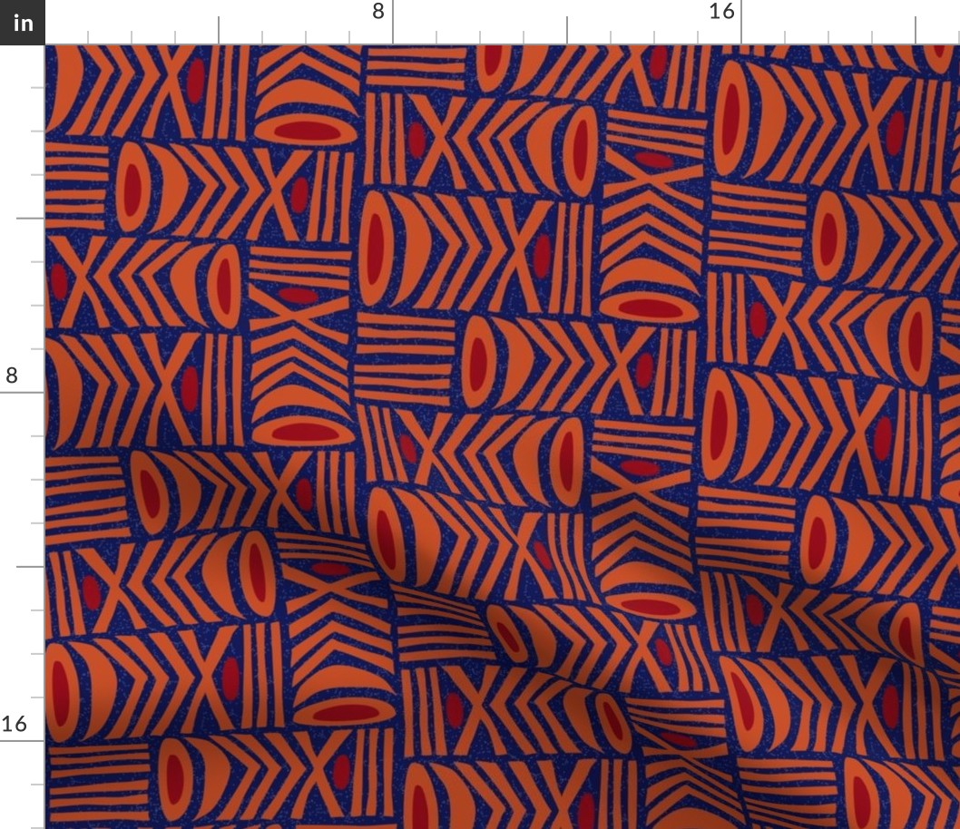 (M) Graphic Modern Tribal Folk Art Boho Geometric Blue, Orange and Red