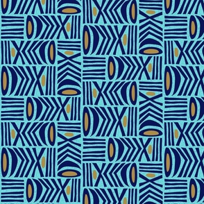 (M) Graphic Modern Tribal Folk Art Boho Geometric Turquoise, Blue and Gold