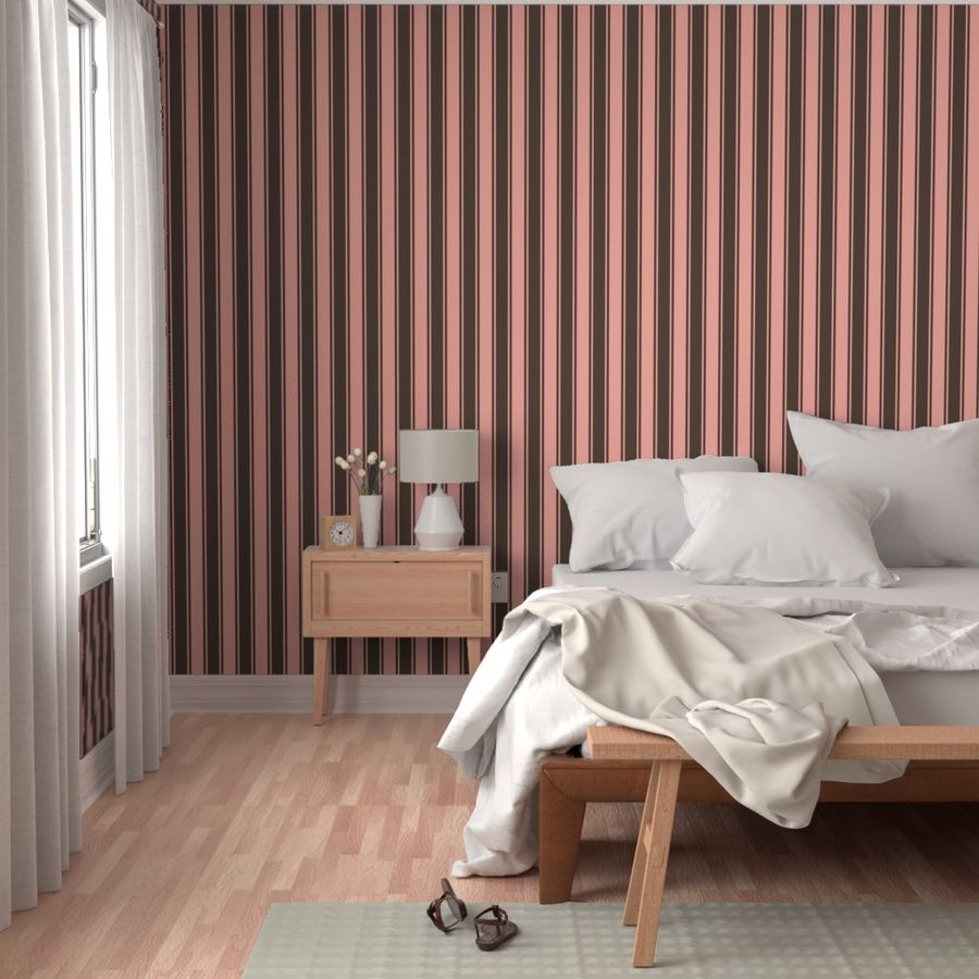 Large scale modern ticking stripe in Pantone Peach Pearl Pink and dark brown. 