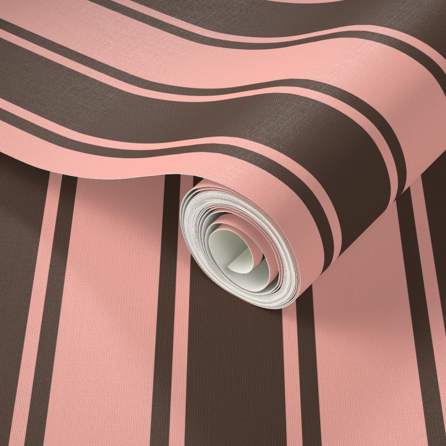 Large scale modern ticking stripe in Pantone Peach Pearl Pink and dark brown. 