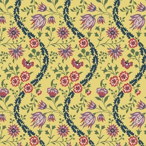British Victorian Arts and Crafts Lindsay Butterfield Wavy Flowers on Dark Yellow