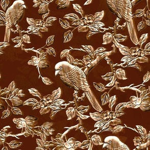 Embossed Shimmering Brass Birds and Branches on Warm Brown - Large Scale