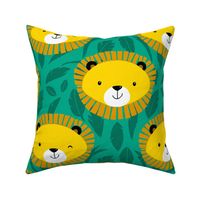 Large - Cute Kids Baby Yellow Lion Heads on Jungle Green
